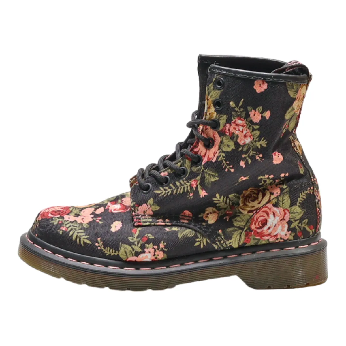 DR MARTENS Floral Lace-Up Boots Black Canvas Womens UK 5