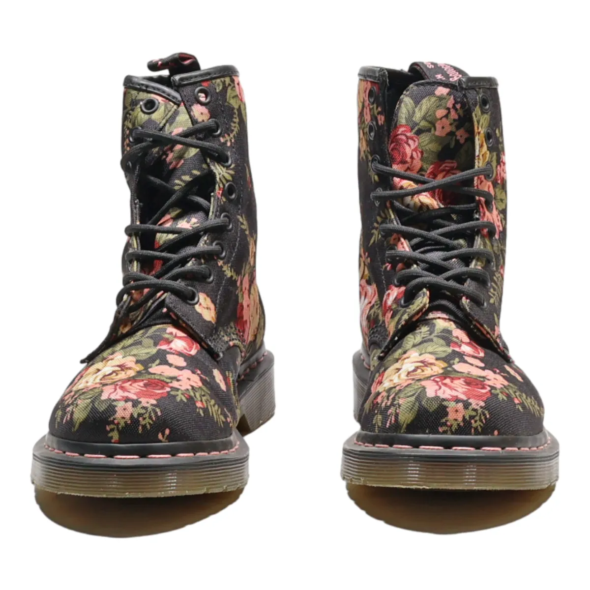 DR MARTENS Floral Lace-Up Boots Black Canvas Womens UK 5