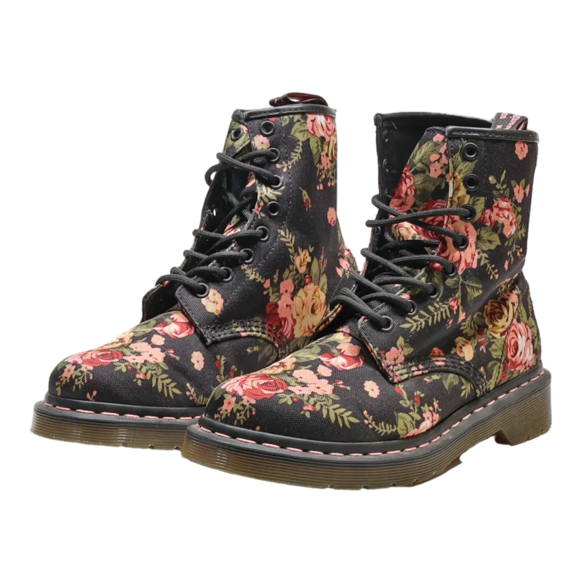DR MARTENS Floral Lace-Up Boots Black Canvas Womens UK 5