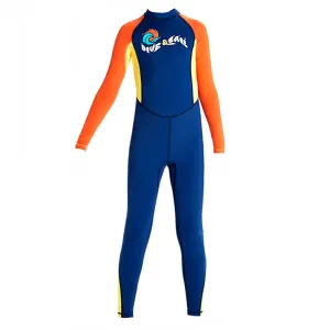 Full Length Dive Navy & Orange Printed Kids Swimwear In Upf 50  Fabric