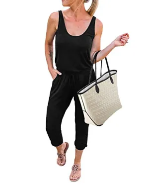 KIRUNDO 2021 Women’s Casual Round Neck Sleeveless Jumpsuit Drawstring Waist Stretchy Long Pant Romper Pajama with Pockets (A-Black, Medium)