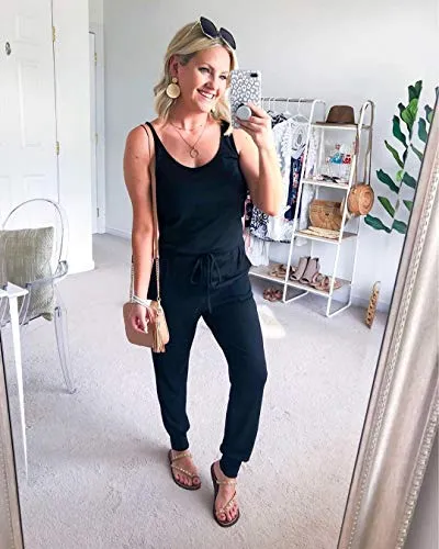 KIRUNDO 2021 Women’s Casual Round Neck Sleeveless Jumpsuit Drawstring Waist Stretchy Long Pant Romper Pajama with Pockets (A-Black, Medium)