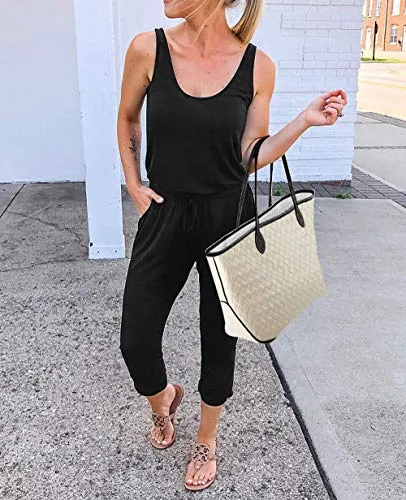 KIRUNDO 2021 Women’s Casual Round Neck Sleeveless Jumpsuit Drawstring Waist Stretchy Long Pant Romper Pajama with Pockets (A-Black, Medium)