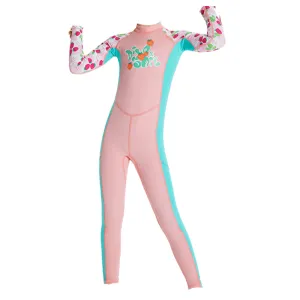 Knee Length Dive Baby Pink Strawberry Printed Kids Swimwear In Upf 50  Fabric