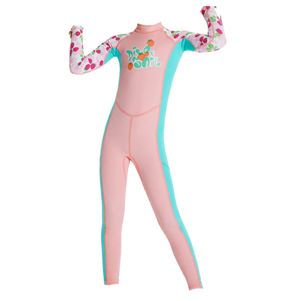 Knee Length Dive Baby Pink Strawberry Printed Kids Swimwear In Upf 50  Fabric