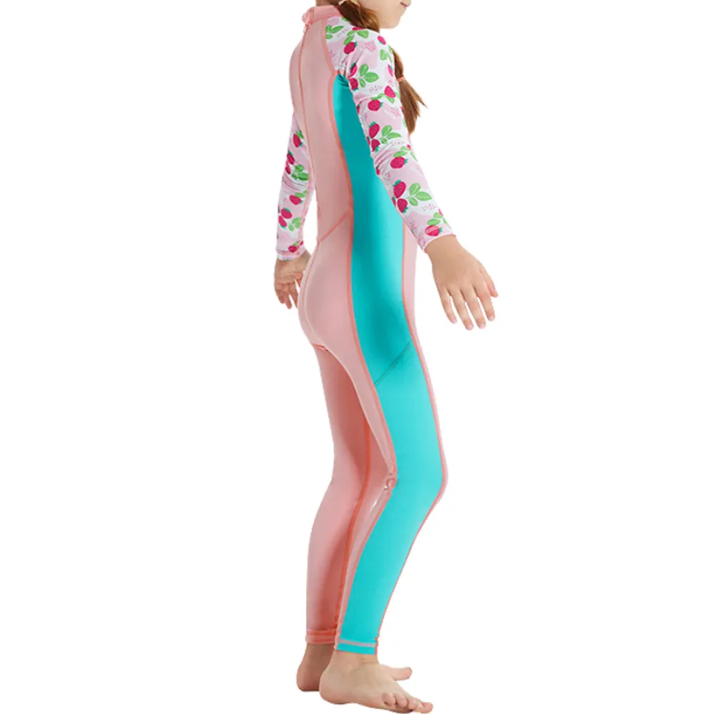 Knee Length Dive Baby Pink Strawberry Printed Kids Swimwear In Upf 50  Fabric