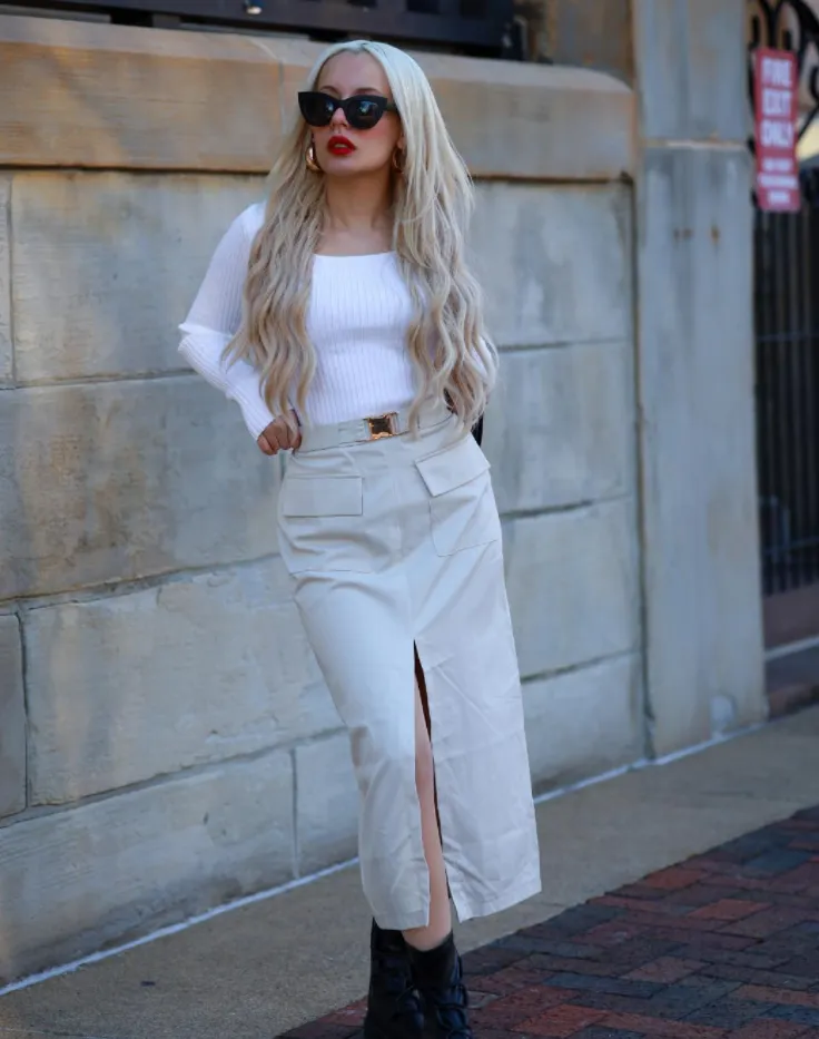 MEROKEETY High Waisted Y2k Cargo Belted Split Maxi Skirt