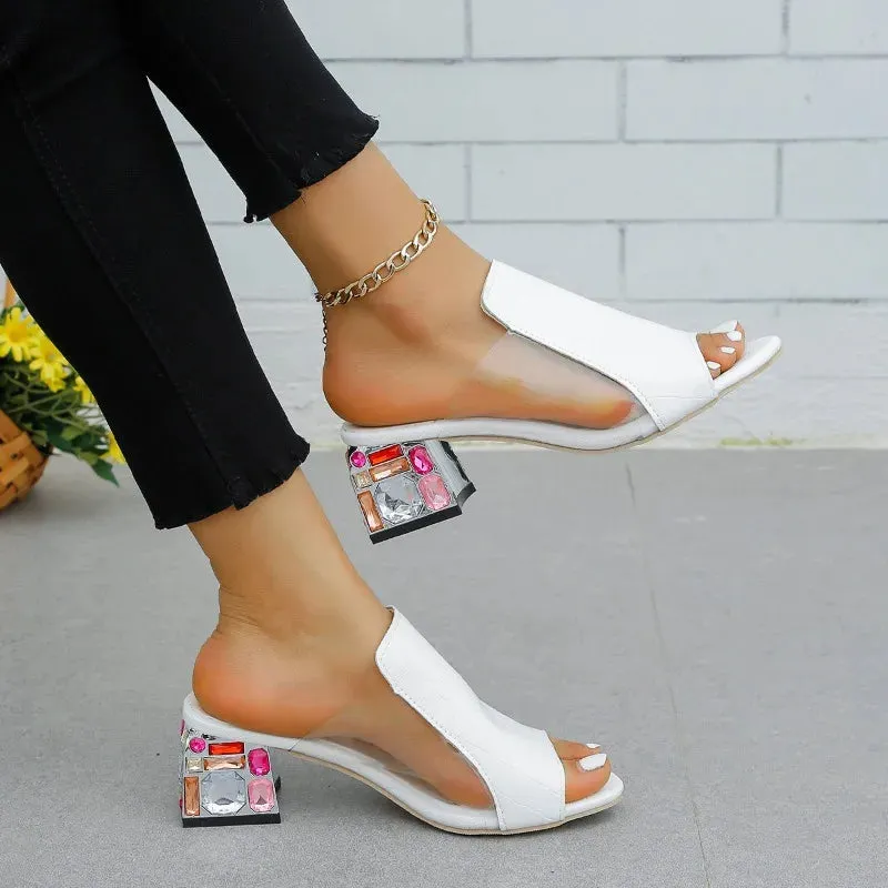 Multi Color Stone Design Square Heel Transparent Sides Slippers