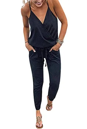 PRETTYGARDEN Women's Summer Deep V Neck Spaghetti Strap Drawstring Waist Jumpsuit Romper with Pockets Black