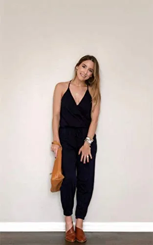 PRETTYGARDEN Women's Summer Deep V Neck Spaghetti Strap Drawstring Waist Jumpsuit Romper with Pockets Black