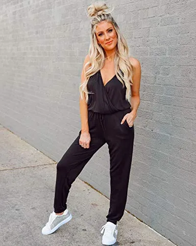 PRETTYGARDEN Women's Summer Deep V Neck Spaghetti Strap Drawstring Waist Jumpsuit Romper with Pockets Black