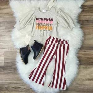 Pumpkin Season Top and Striped Denim Flare Jeans Set