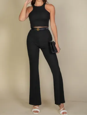 Ribbed Cropped Top And Bootcut Pants Sets