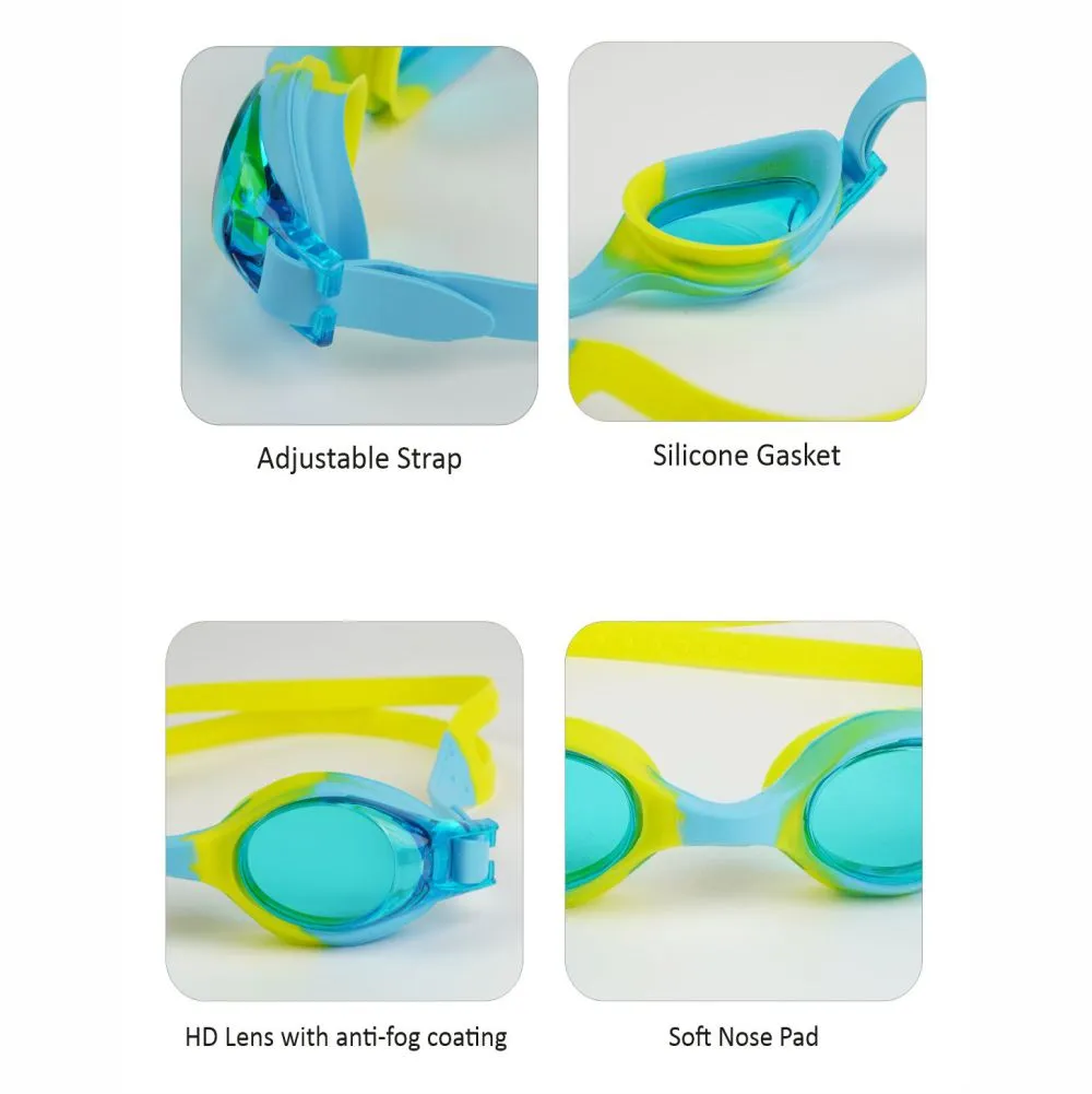 Tie Dye Yellow Blend with Blue Anti Fog UV Protection Leakproof Design Swim Goggles for Kids, 1yr - 4yrs
